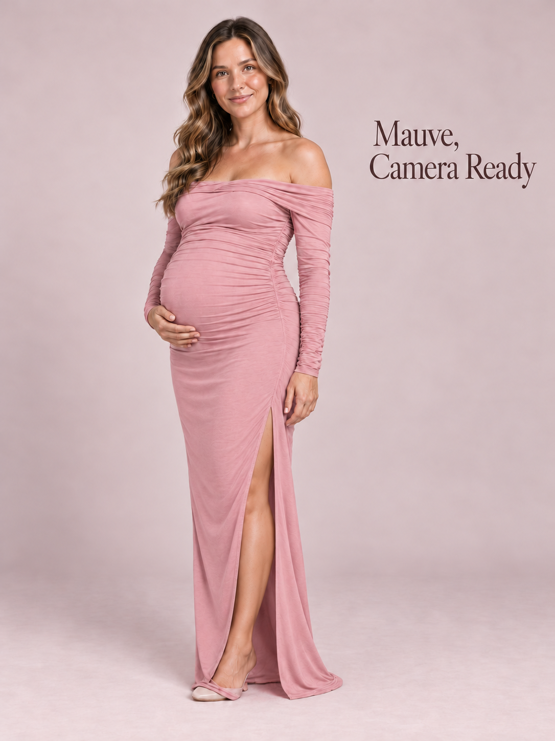 Imogen Mauve maternity dress — full-length studio portrait with the front slit