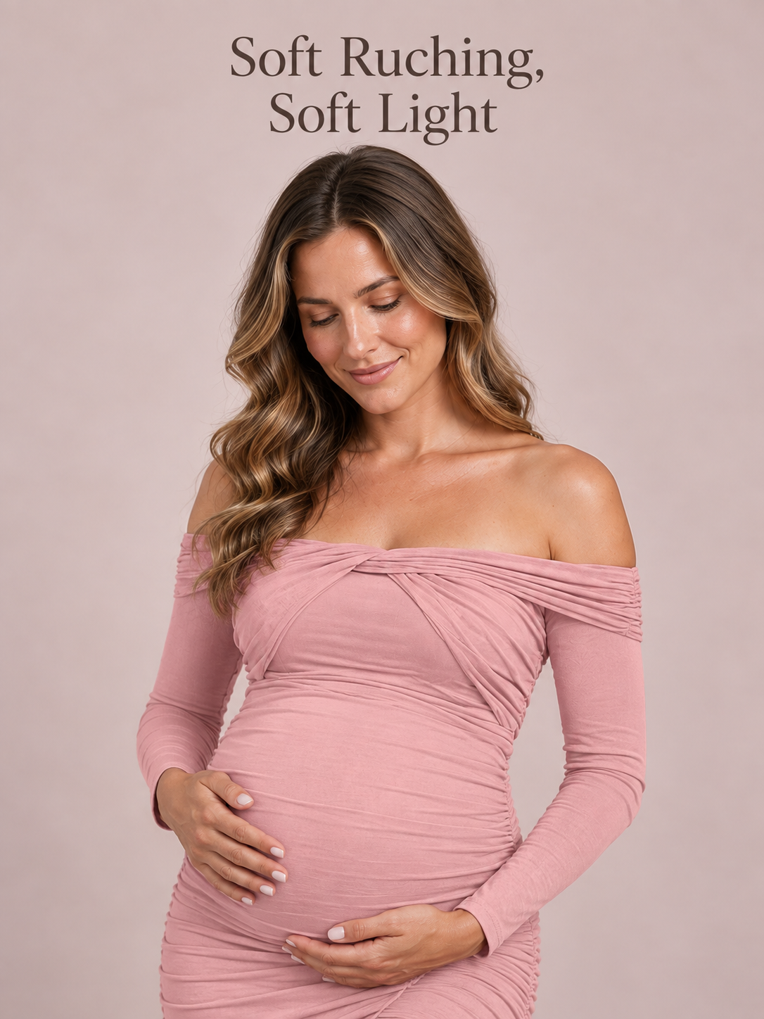 Imogen Mauve maternity dress — soft-light close-up of the twist neckline and ruching