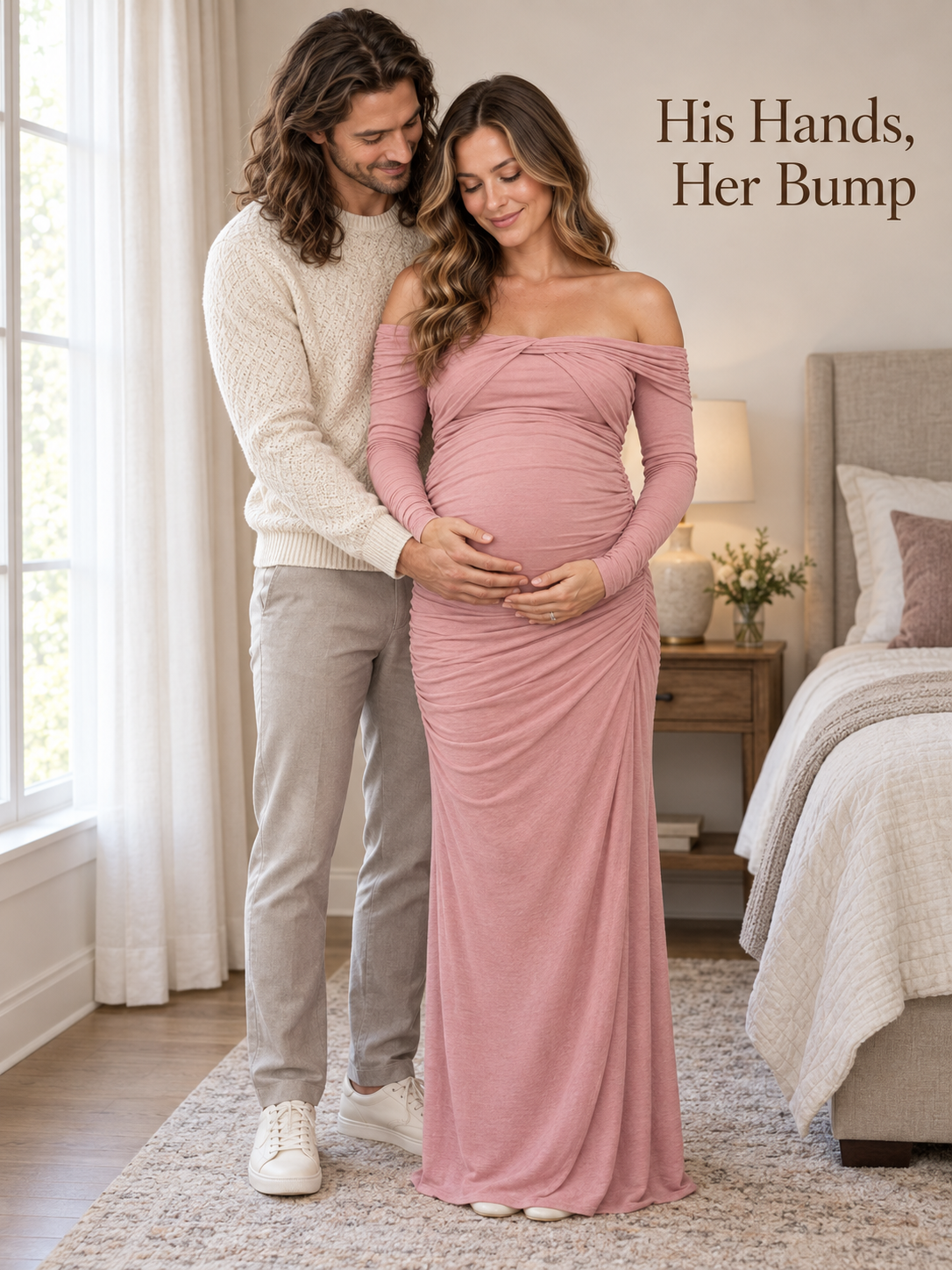 Imogen Mauve maternity dress — partner embracing her bump at home