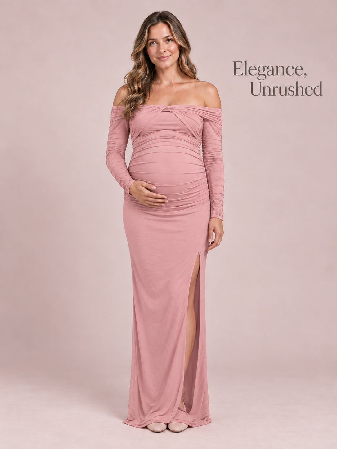 Imogen Mauve maternity dress — studio portrait of the full silhouette