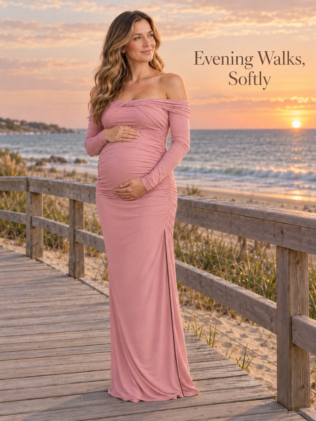 Imogen Mauve maternity dress — standing on a beach boardwalk at sunset