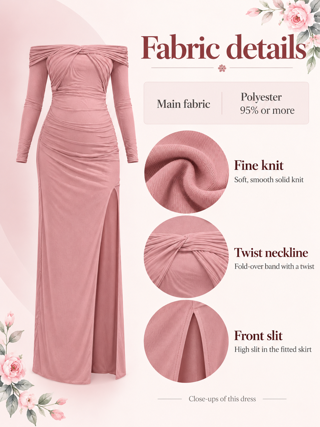 Imogen Mauve maternity dress — material guide showing the fine knit, twist neckline and front slit