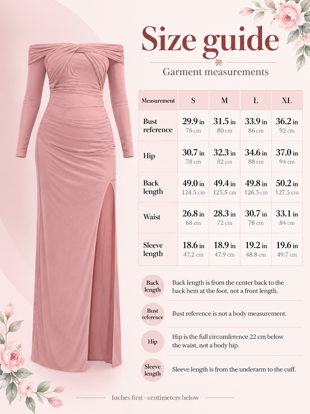 Imogen Mauve maternity dress — size guide with S to XL garment measurements in inches and centimeters