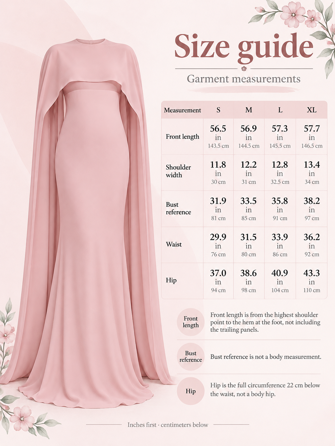 Size guide for the Liora Pink maternity dress, S to XL garment measurements in inches and centimeters