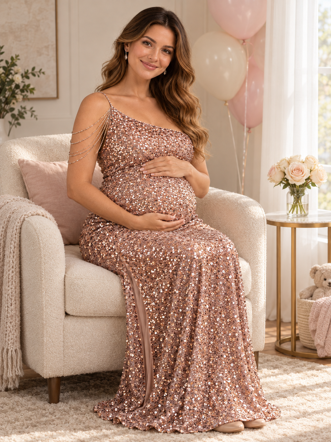 Viola Rose Gold maternity dress — maternity keepsake portrait seated in an armchair