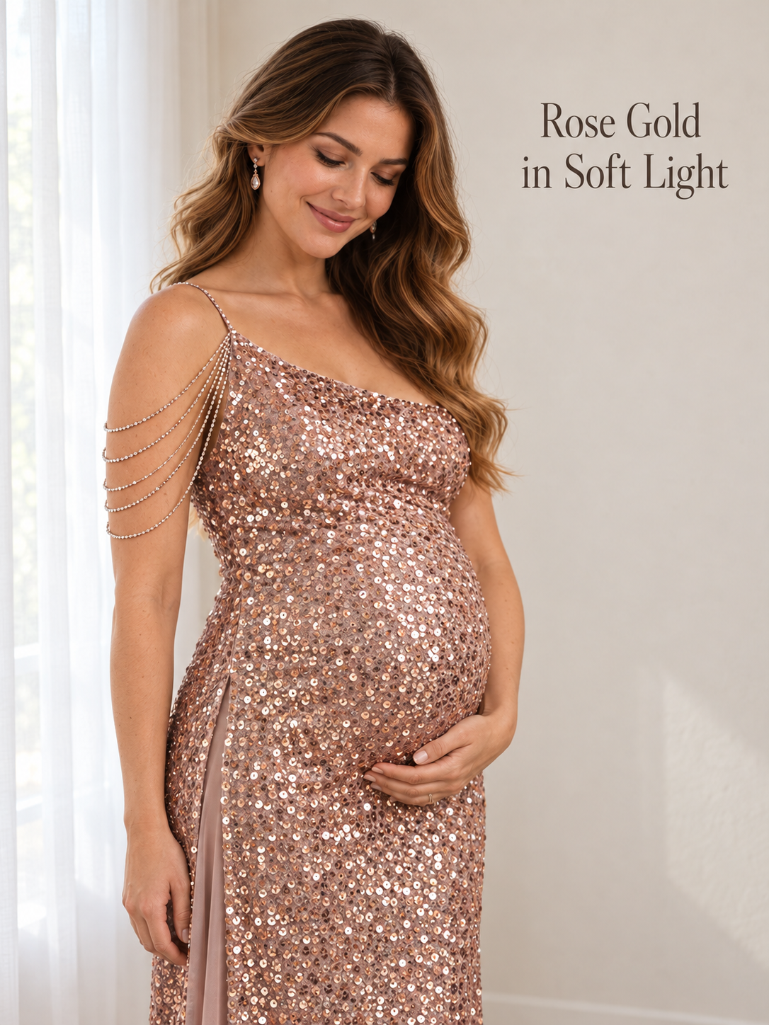 Viola Rose Gold maternity dress — sequin shimmer in soft window light
