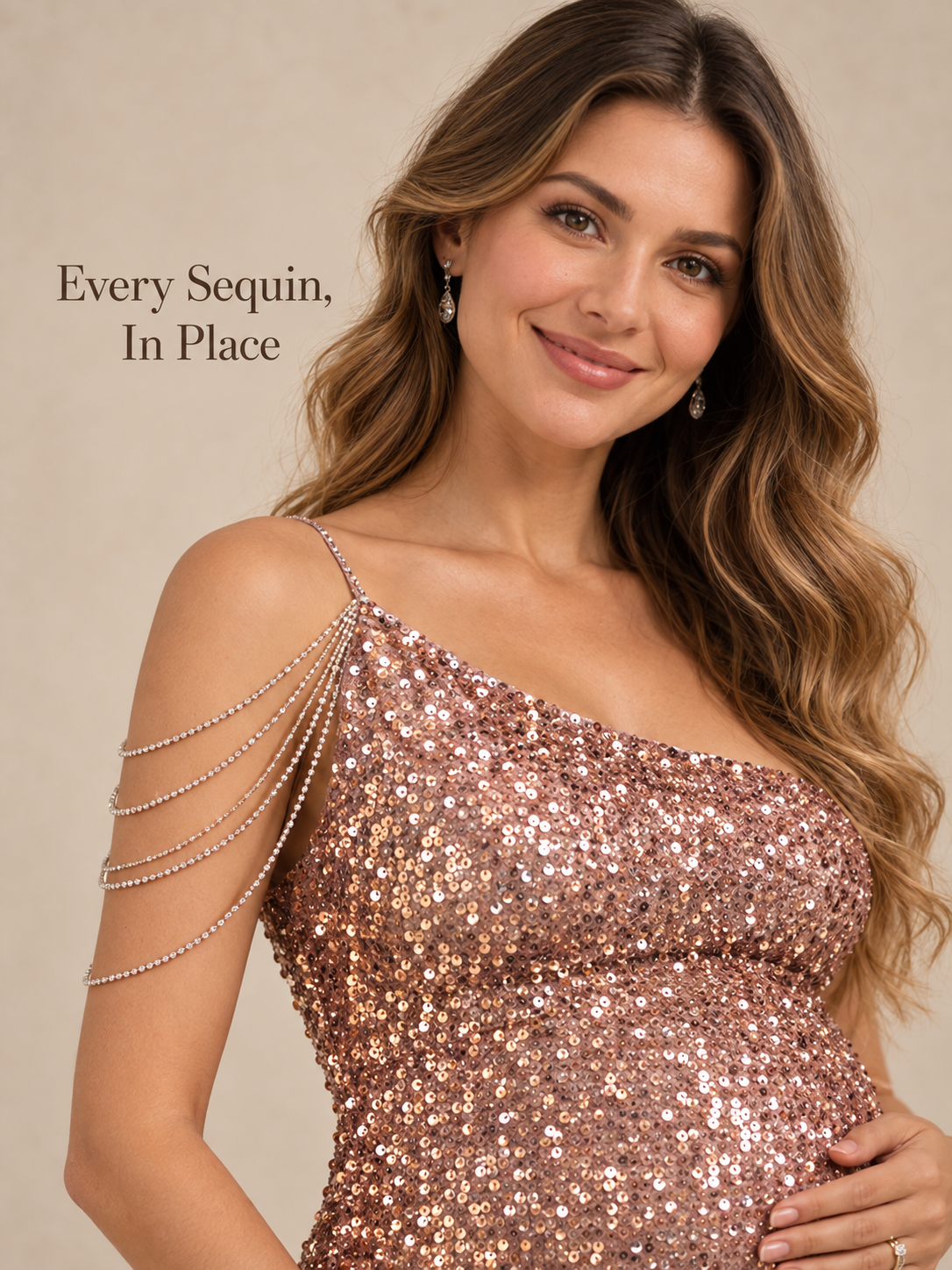 Viola Rose Gold maternity dress — rhinestone chain shoulder and sequin close-up