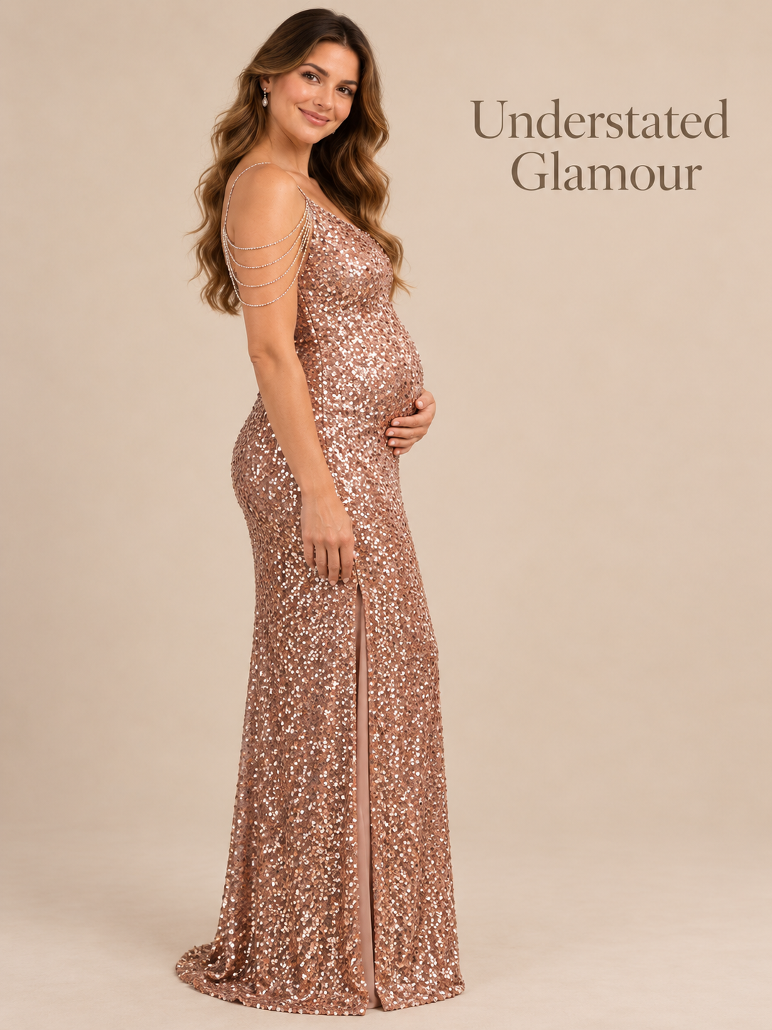 Viola Rose Gold maternity dress — BabyShowerDress brand story with a side view
