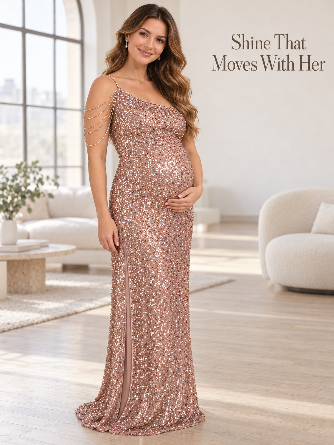 Viola Rose Gold maternity dress — walking through a bright room in the sequin gown