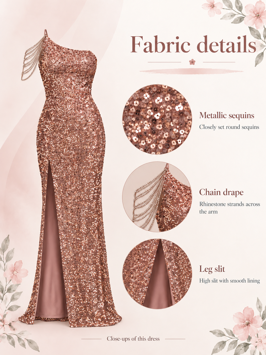 Viola Rose Gold maternity dress — material guide showing metallic sequins, chain drape and lining