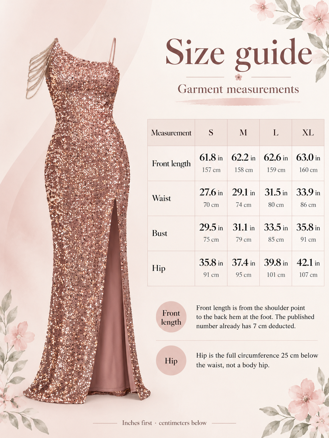 Viola Rose Gold maternity dress — size guide with S to XL garment measurements in inches and centimeters