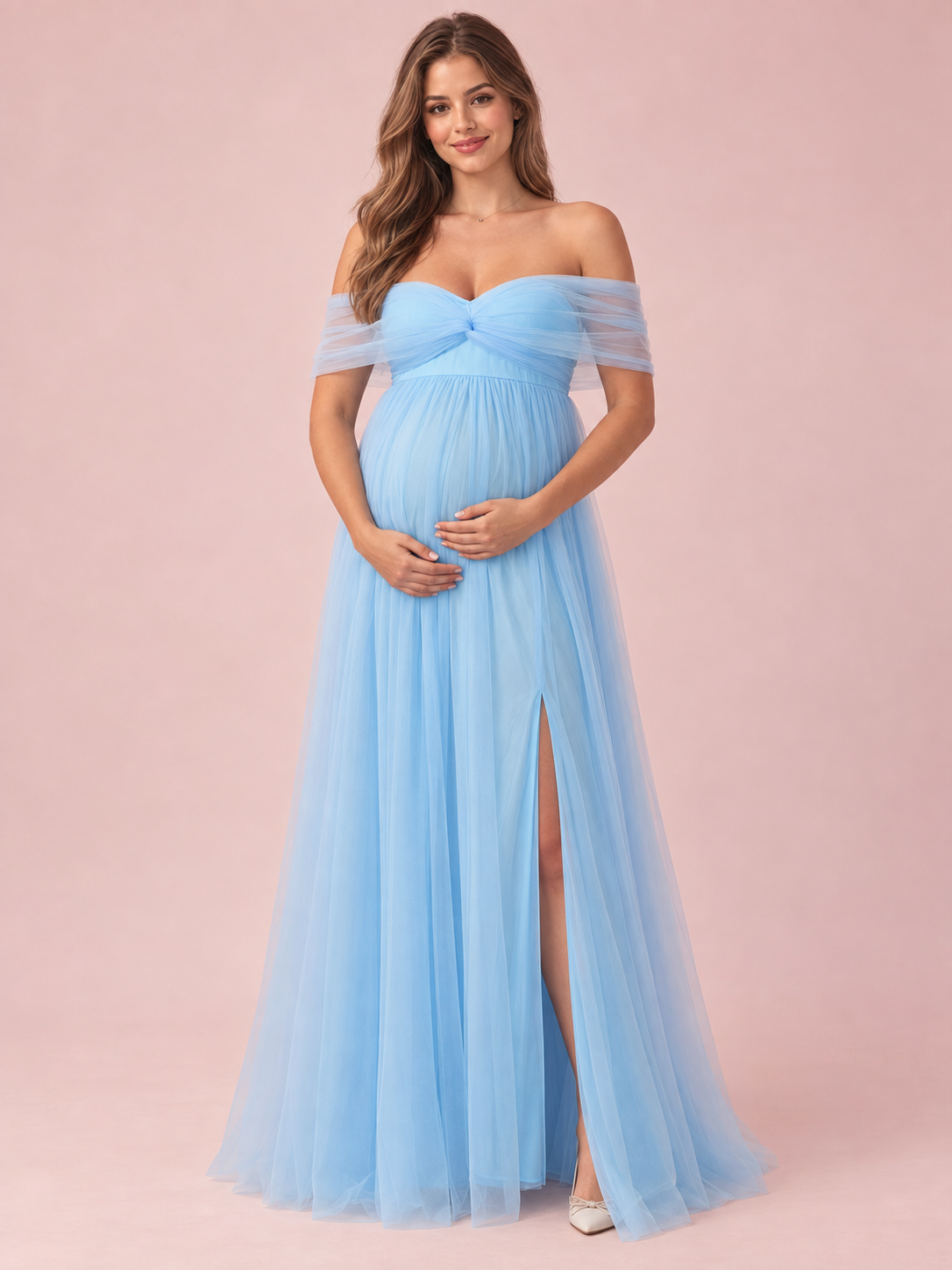 Orielle Light Blue maternity dress — front view with off-shoulder twist bodice and layered tulle skirt