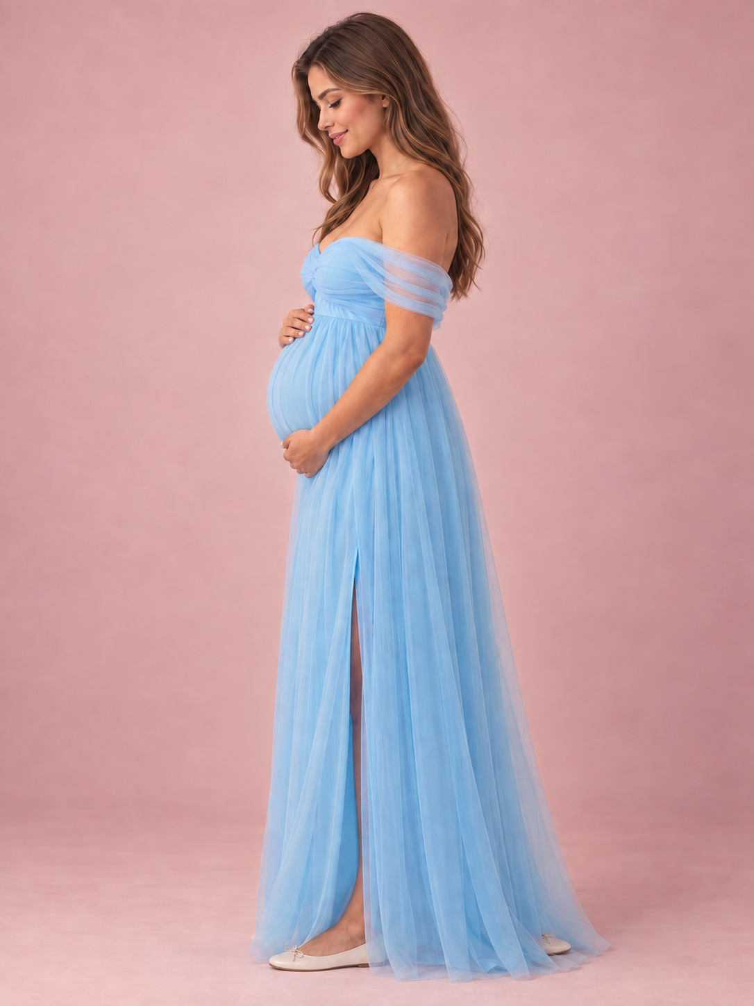 Orielle Light Blue maternity dress — side view of the empire waist and bump