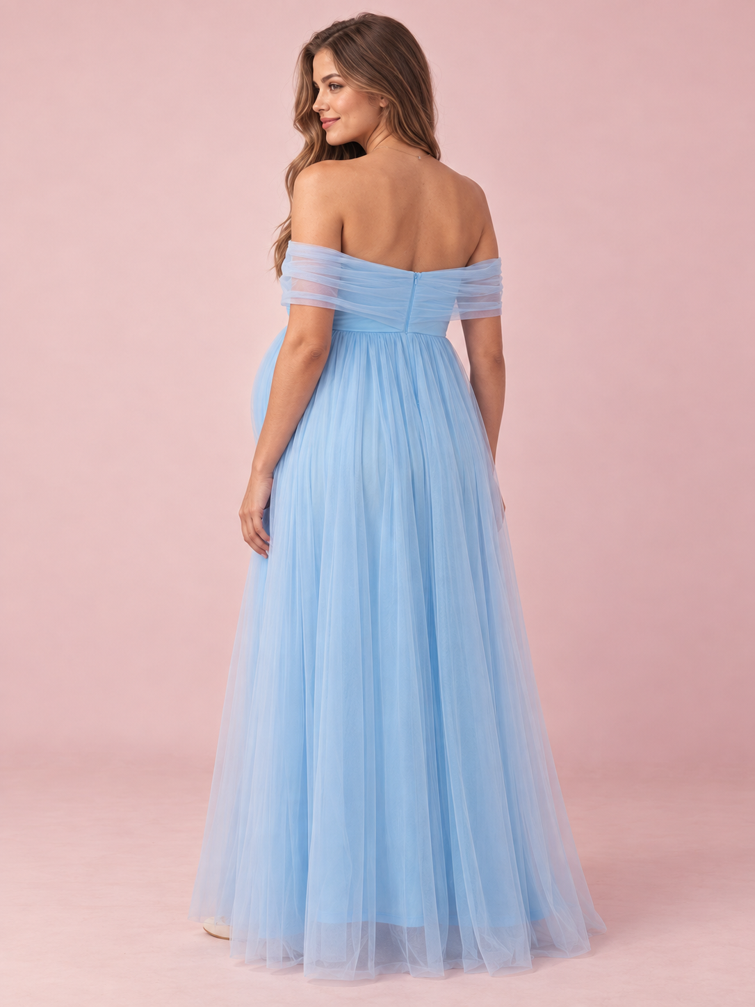 Orielle Light Blue maternity dress — back view of the off-shoulder band and center-back zipper