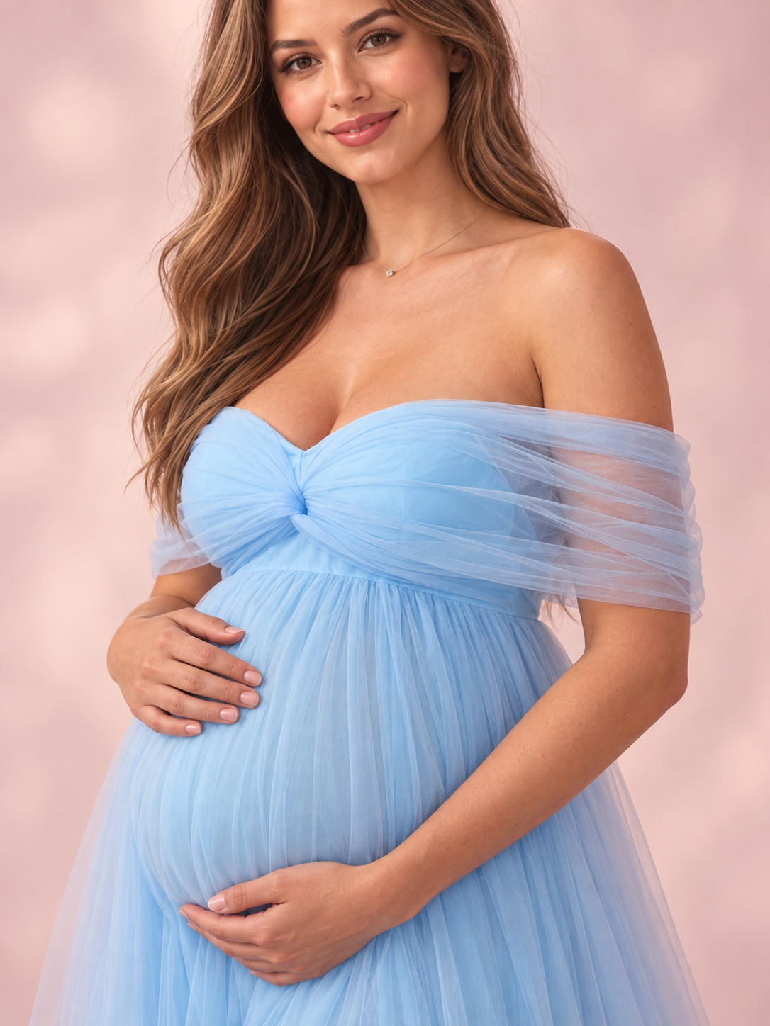Orielle Light Blue maternity dress — draped tulle band over the upper arm