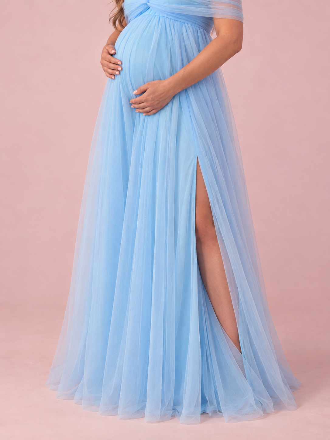 Orielle Light Blue maternity dress — front slit in the layered tulle skirt