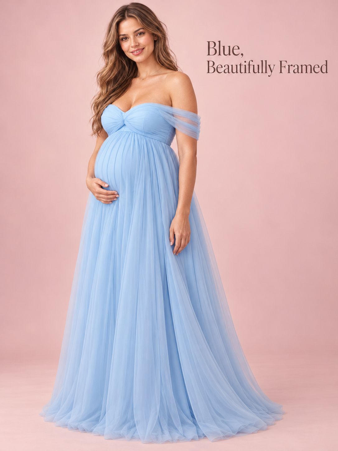 Orielle Light Blue maternity dress — full silhouette with draped tulle band in soft light