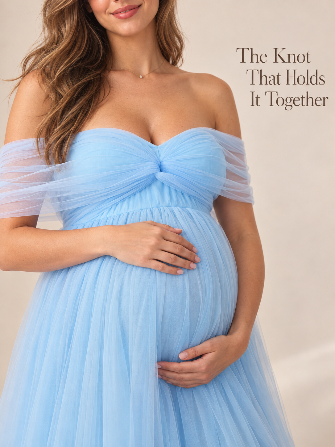 Orielle Light Blue maternity dress — center twist on the bodice up close