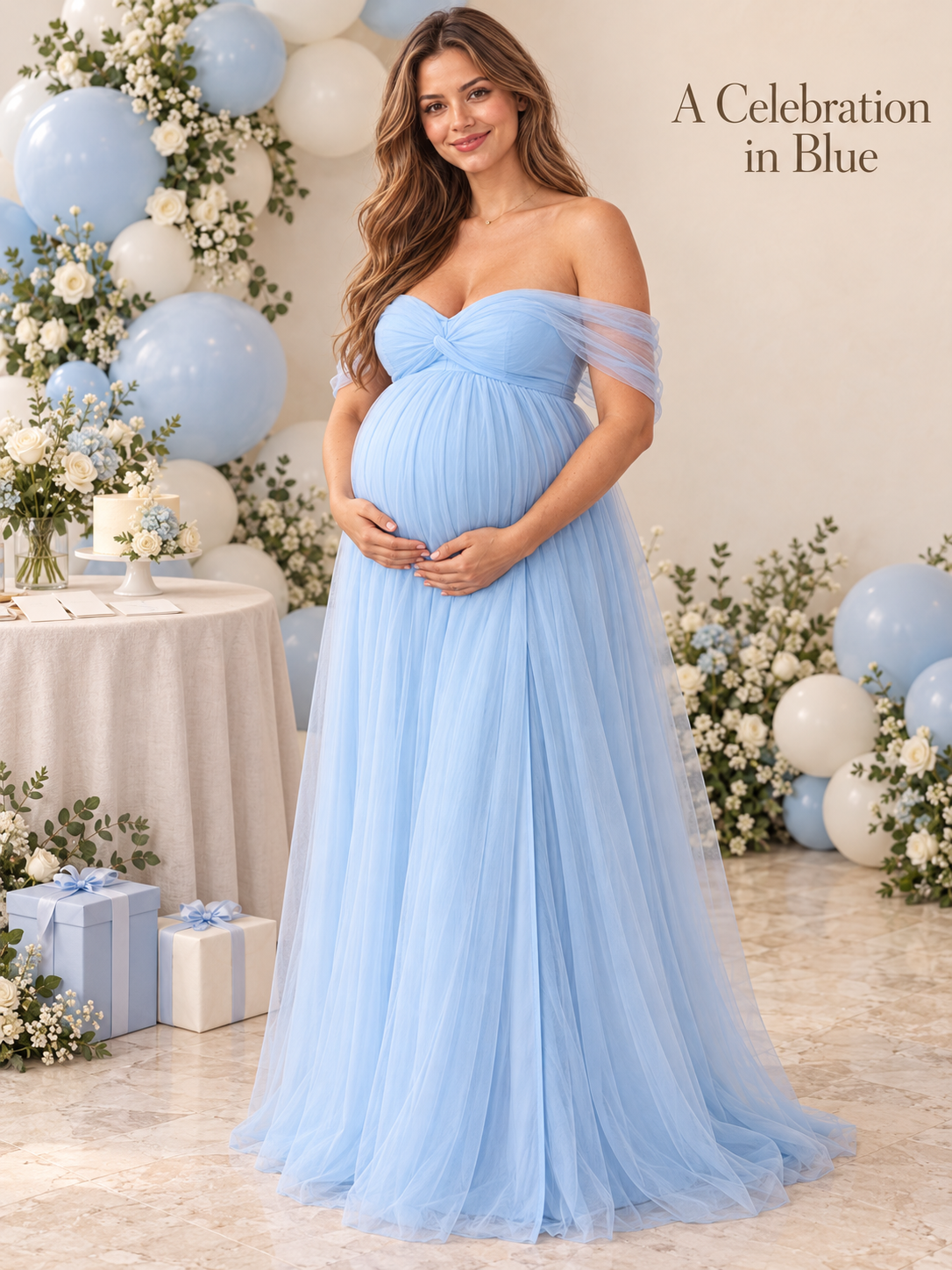 Orielle Light Blue maternity dress — baby shower styling with balloons and flowers