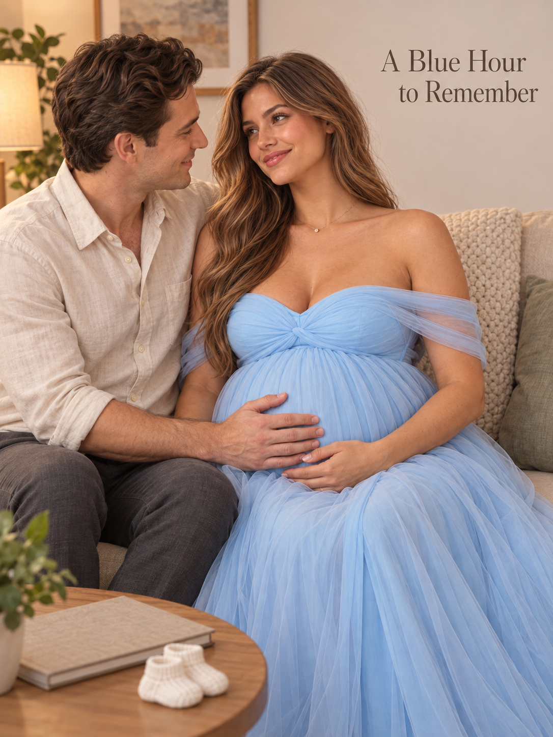 Orielle Light Blue maternity dress — quiet moment with a partner and baby shoes