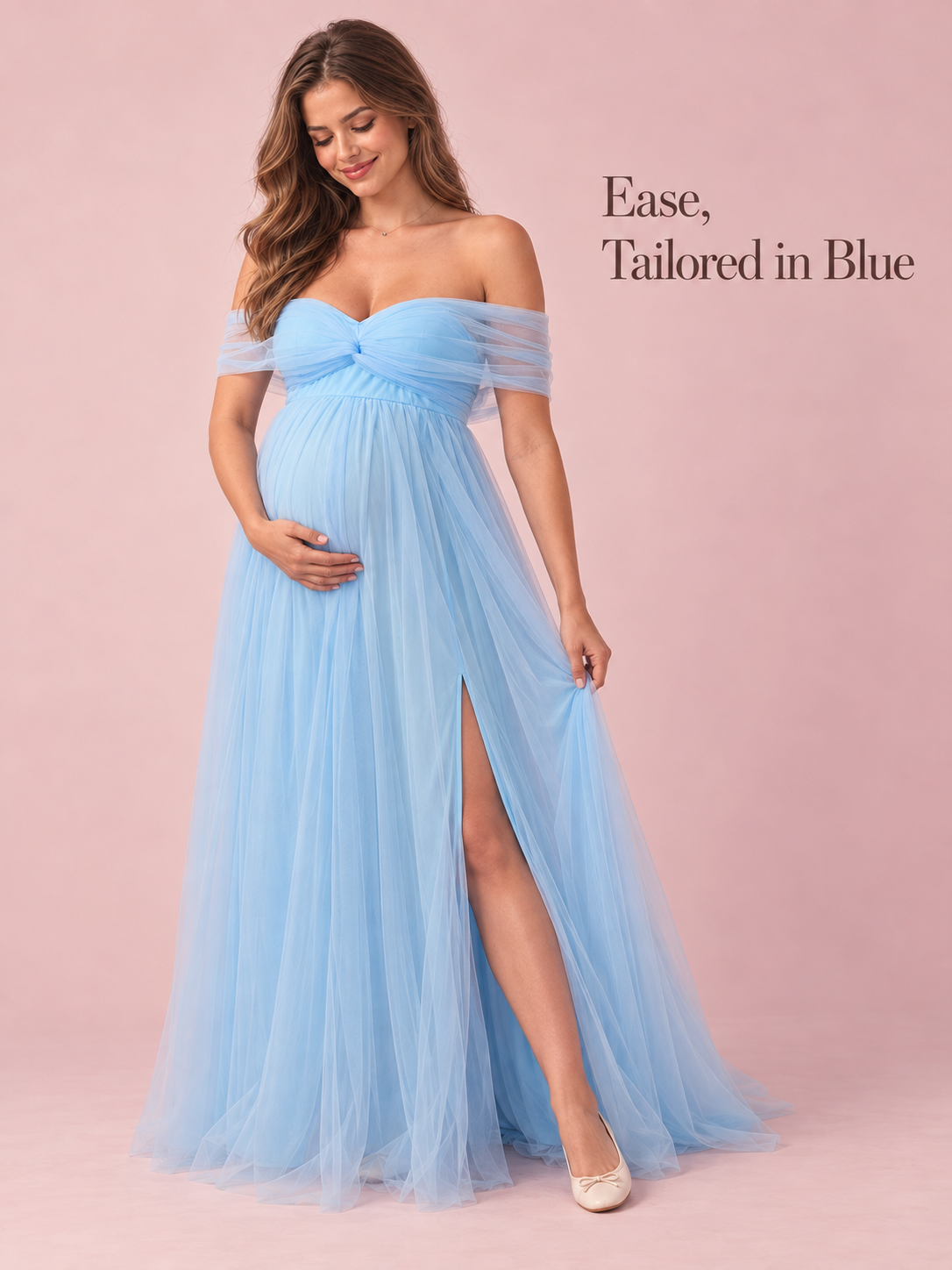 Orielle Light Blue maternity dress — BabyShowerDress brand story with the front slit
