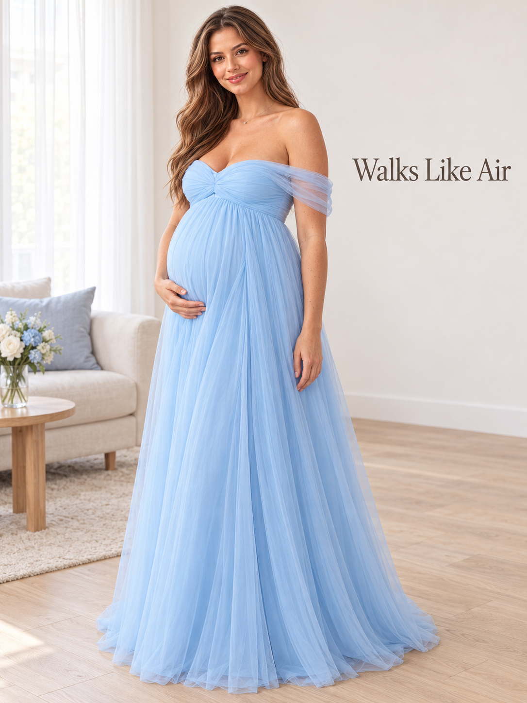 Orielle Light Blue maternity dress — full-length view of the flowing tulle skirt