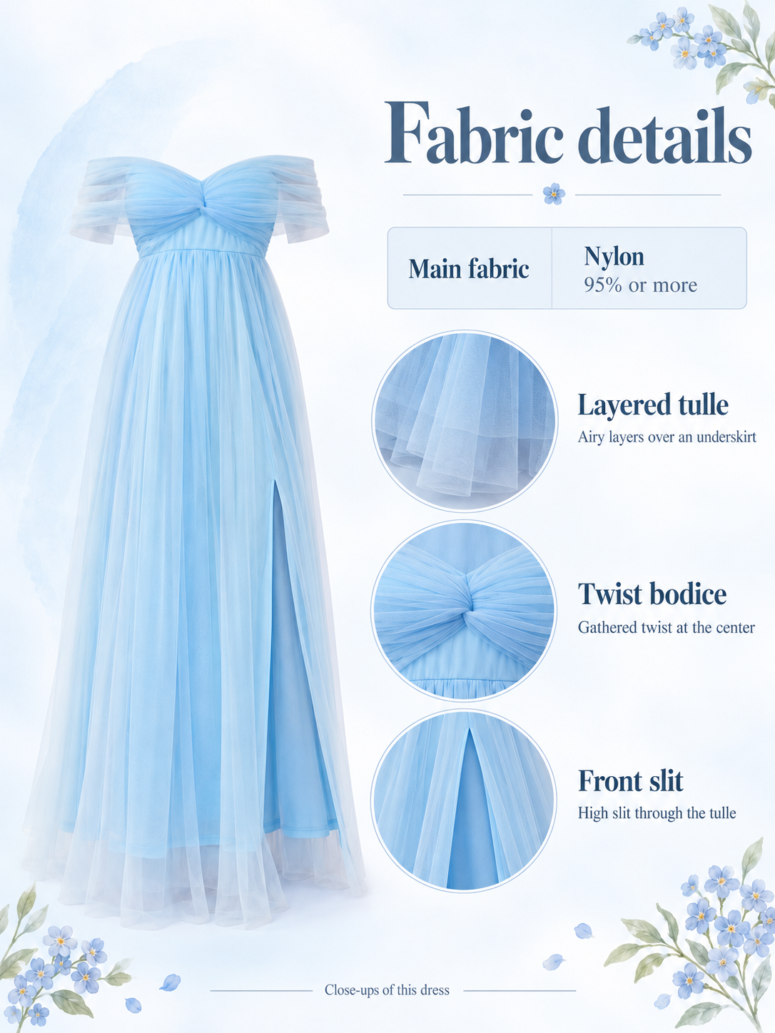 Orielle Light Blue maternity dress — material guide showing the tulle layers, center twist and front slit