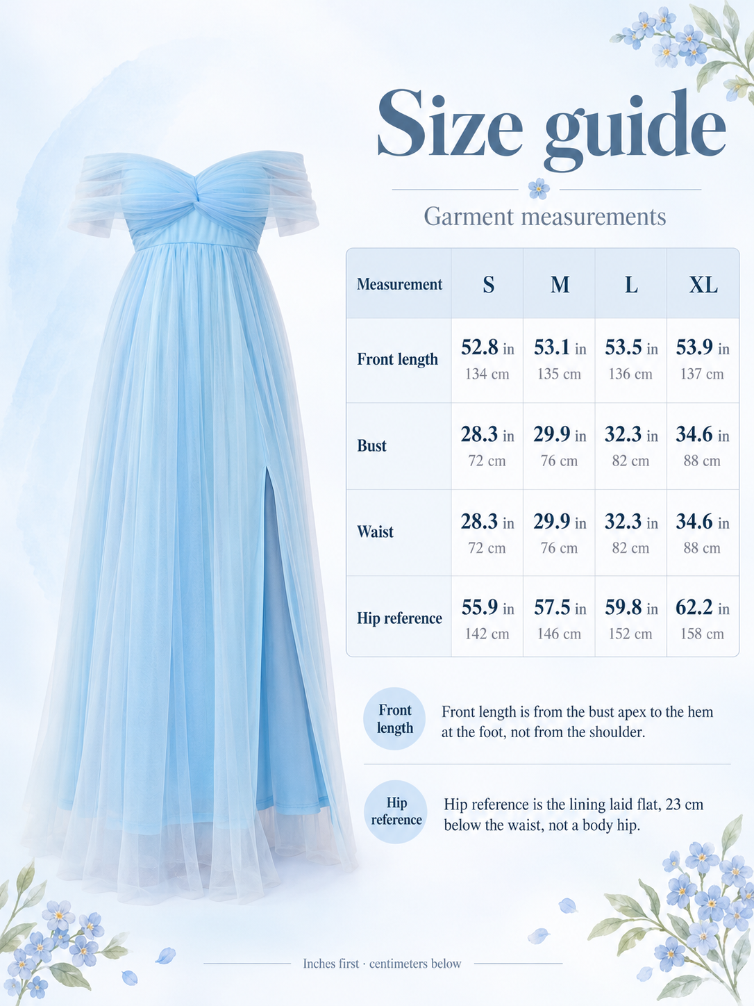 Orielle Light Blue maternity dress — size guide with S to XL garment measurements in inches and centimeters