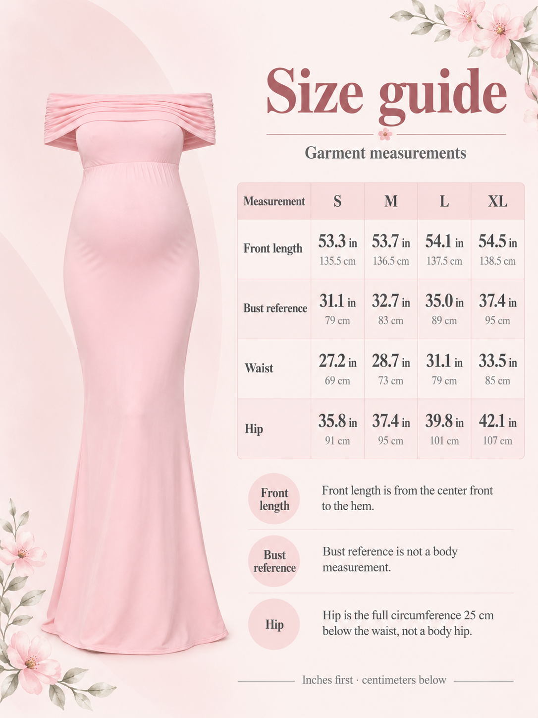 Size guide for the Aveline Pink maternity dress, S to XL garment measurements in inches and centimeters