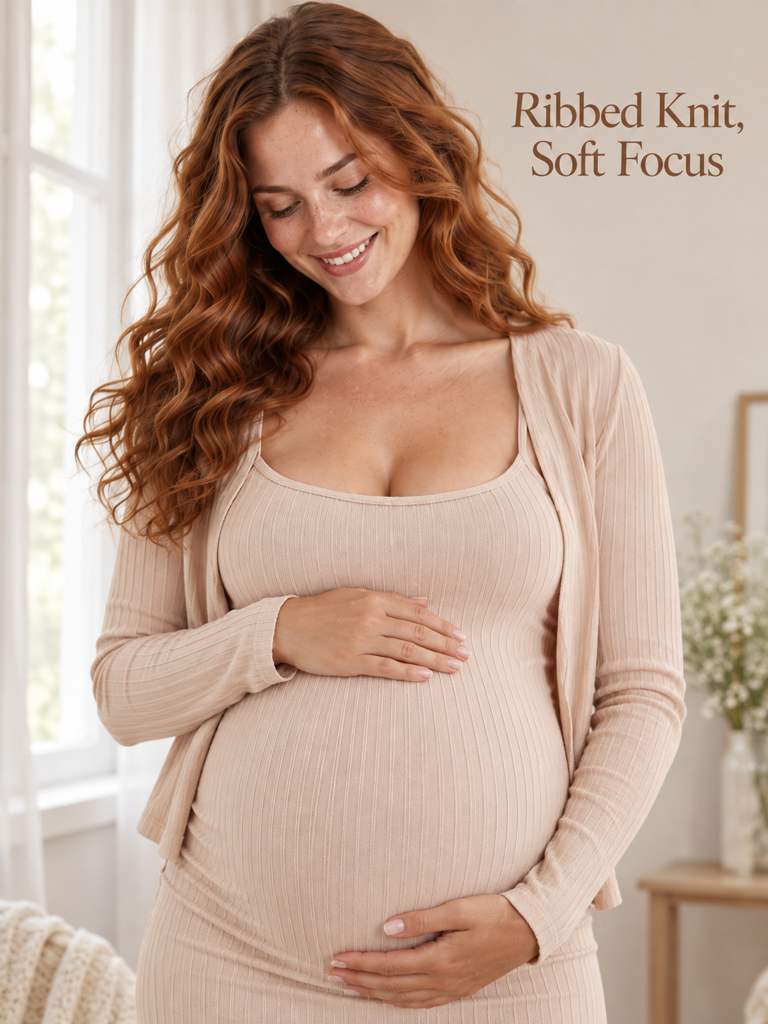 Sabine Khaki maternity dress — ribbed knit texture in soft light