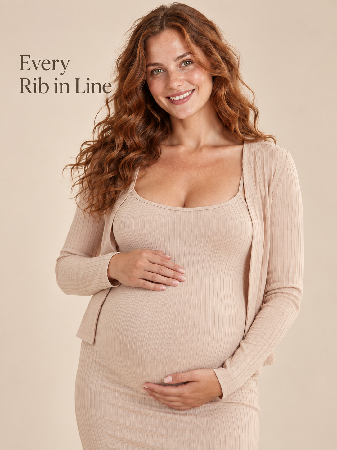 Sabine Khaki maternity dress — close look at the vertical ribs and cardigan