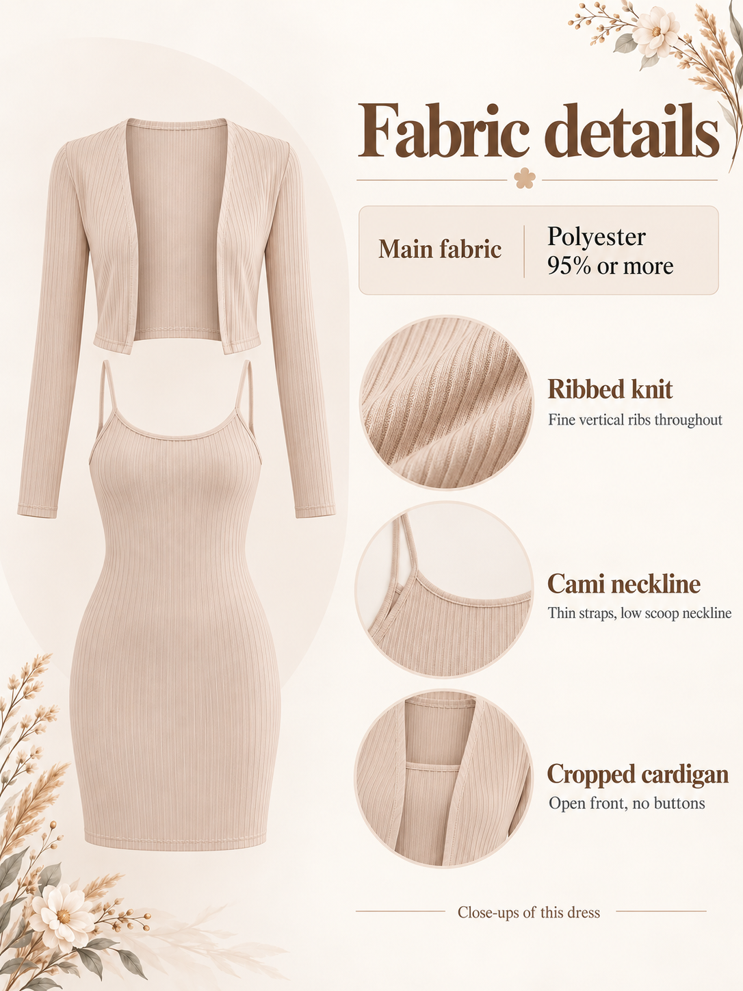 Sabine Khaki maternity dress — material guide showing the ribbed knit, cami straps and cropped cardigan