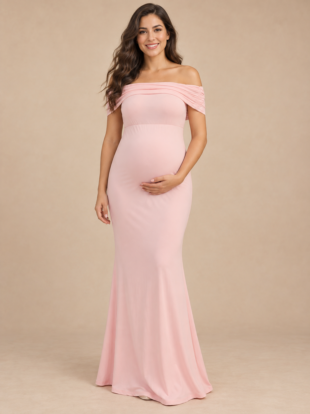Cordelia Pale Pink maternity dress — front view of the off-the-shoulder mermaid maxi