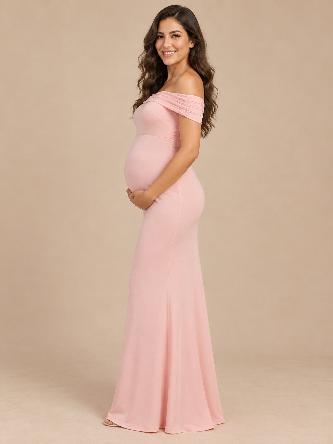 Cordelia Pale Pink maternity dress — side view of the fitted mermaid silhouette over the bump