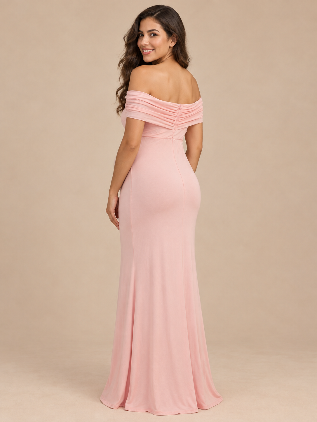 Cordelia Pale Pink maternity dress — back view of the pleated band and mermaid hem