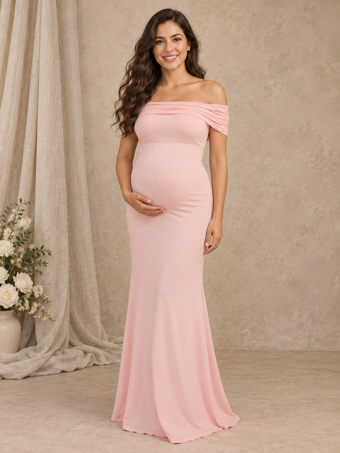 Cordelia Pale Pink maternity dress — standing keepsake portrait beside soft drapes