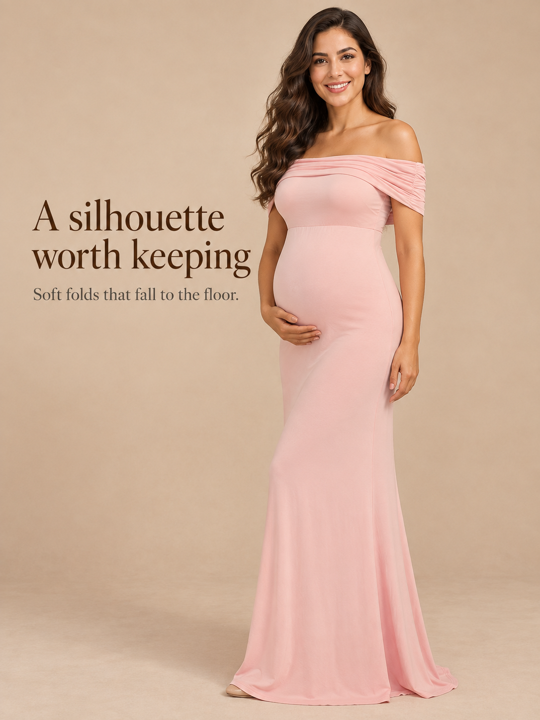 Cordelia Pale Pink maternity dress — full mermaid silhouette in soft studio light