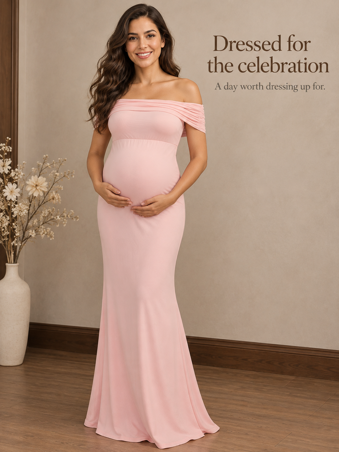 Cordelia Pale Pink maternity dress — dressed for the celebration in a warm studio