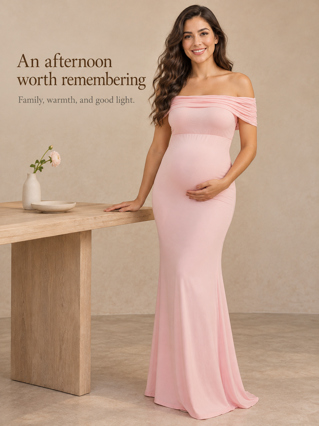 Cordelia Pale Pink maternity dress — a quiet afternoon beside a wooden table