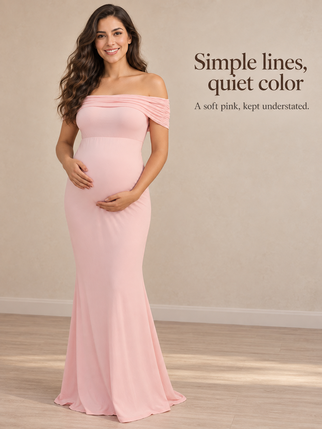 Cordelia Pale Pink maternity dress — simple lines in a full-length portrait
