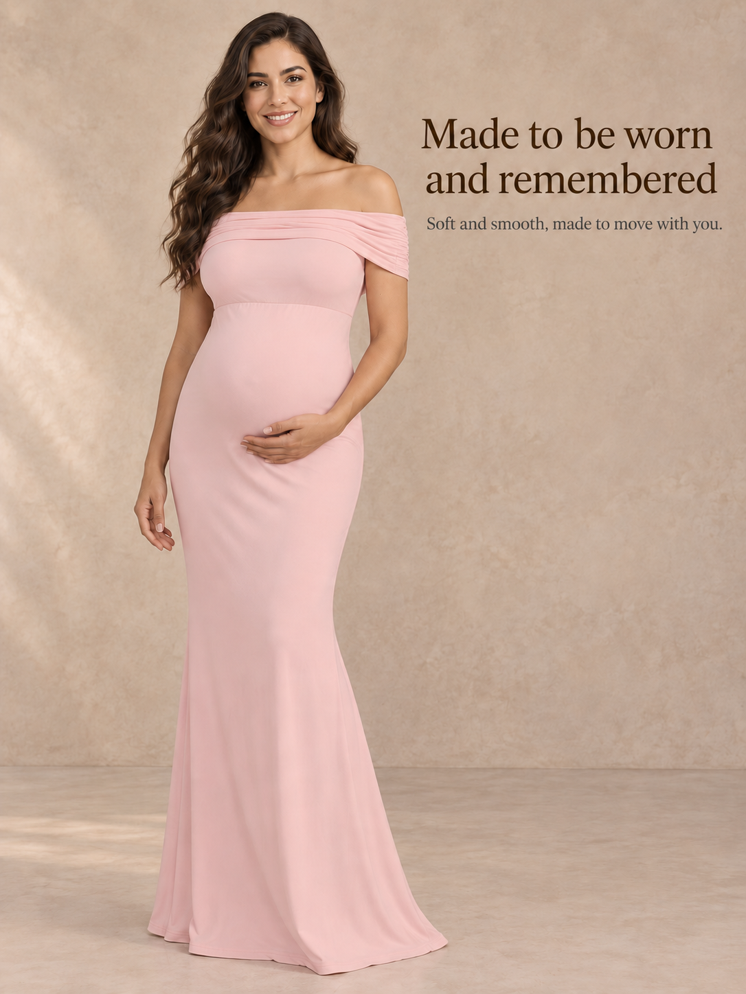 Cordelia Pale Pink maternity dress — full-length portrait in the mermaid maxi