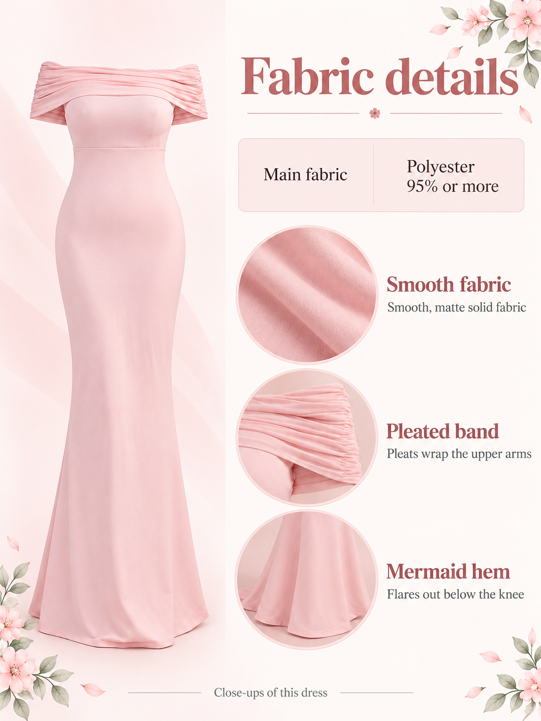 Cordelia Pale Pink maternity dress — material guide showing the smooth fabric, pleated band and mermaid hem