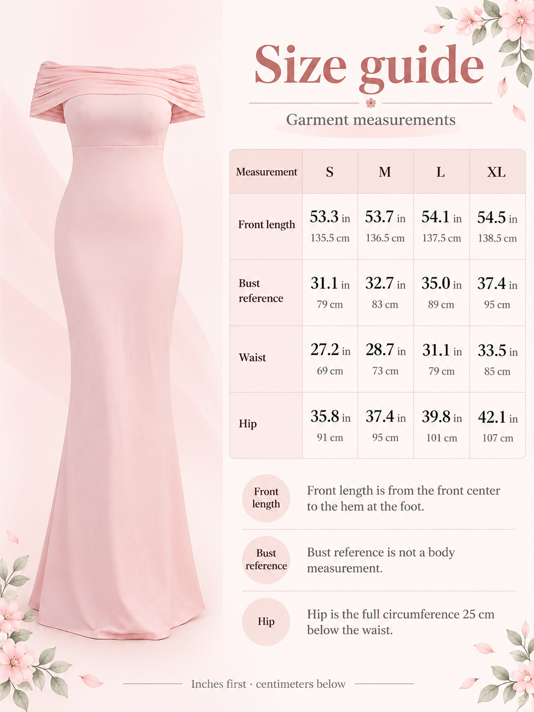 Cordelia Pale Pink maternity dress — size guide with S to XL garment measurements in inches and centimeters
