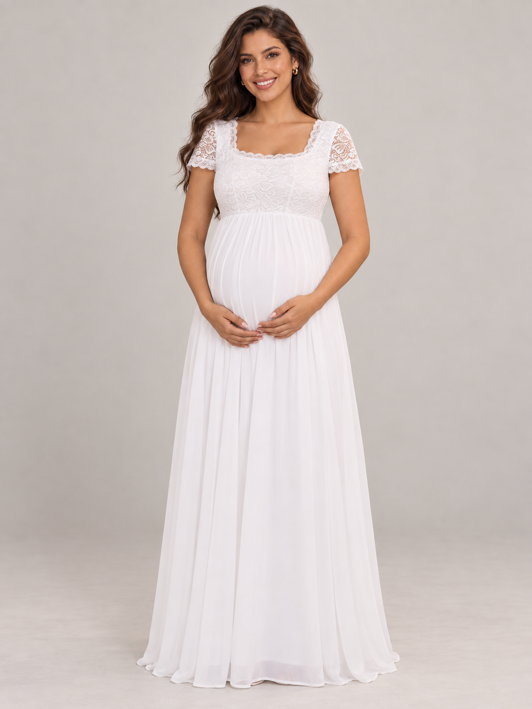 Celia White maternity dress — front view with neckline and full silhouette