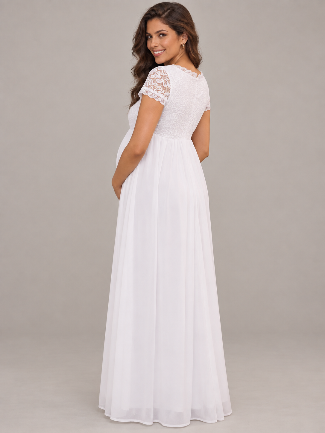 Celia White maternity dress — back view of the neckline and skirt