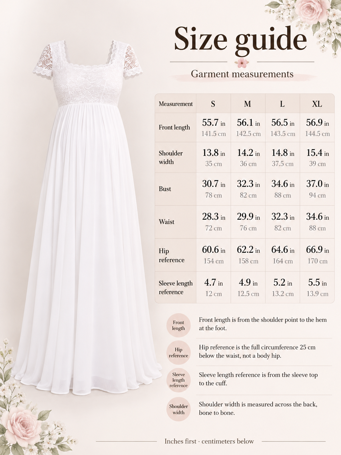 Celia White maternity dress — size guide with S to XL garment measurements in inches and centimeters