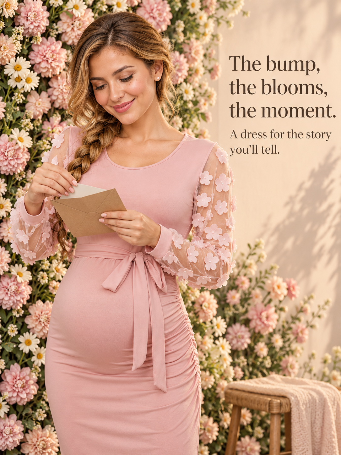 Beatrix Blush Pink maternity dress — standing before a wall of dahlias, holding a card