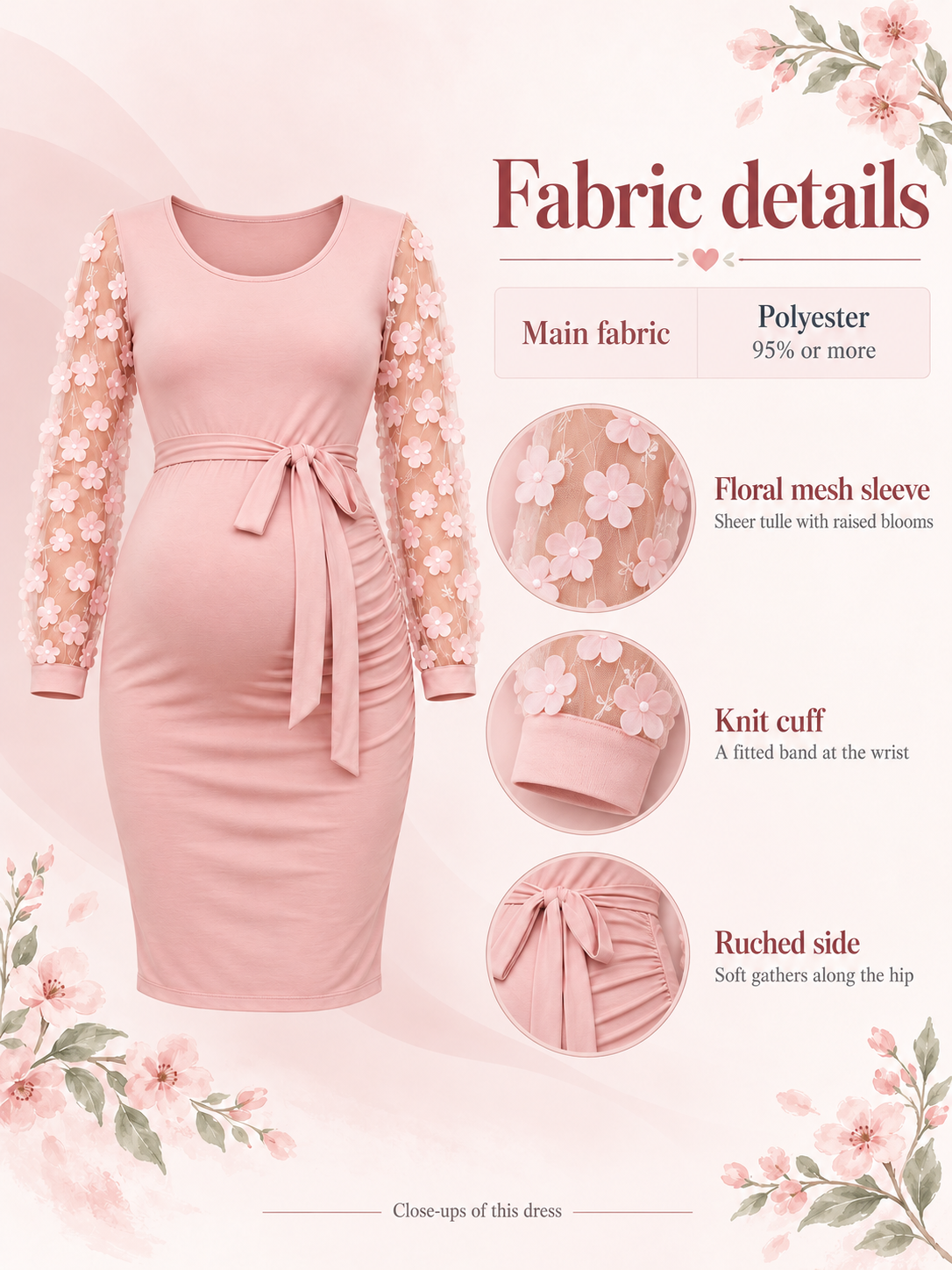Beatrix Blush Pink maternity dress — material guide showing the floral-mesh sleeve, knit cuff and ruched side