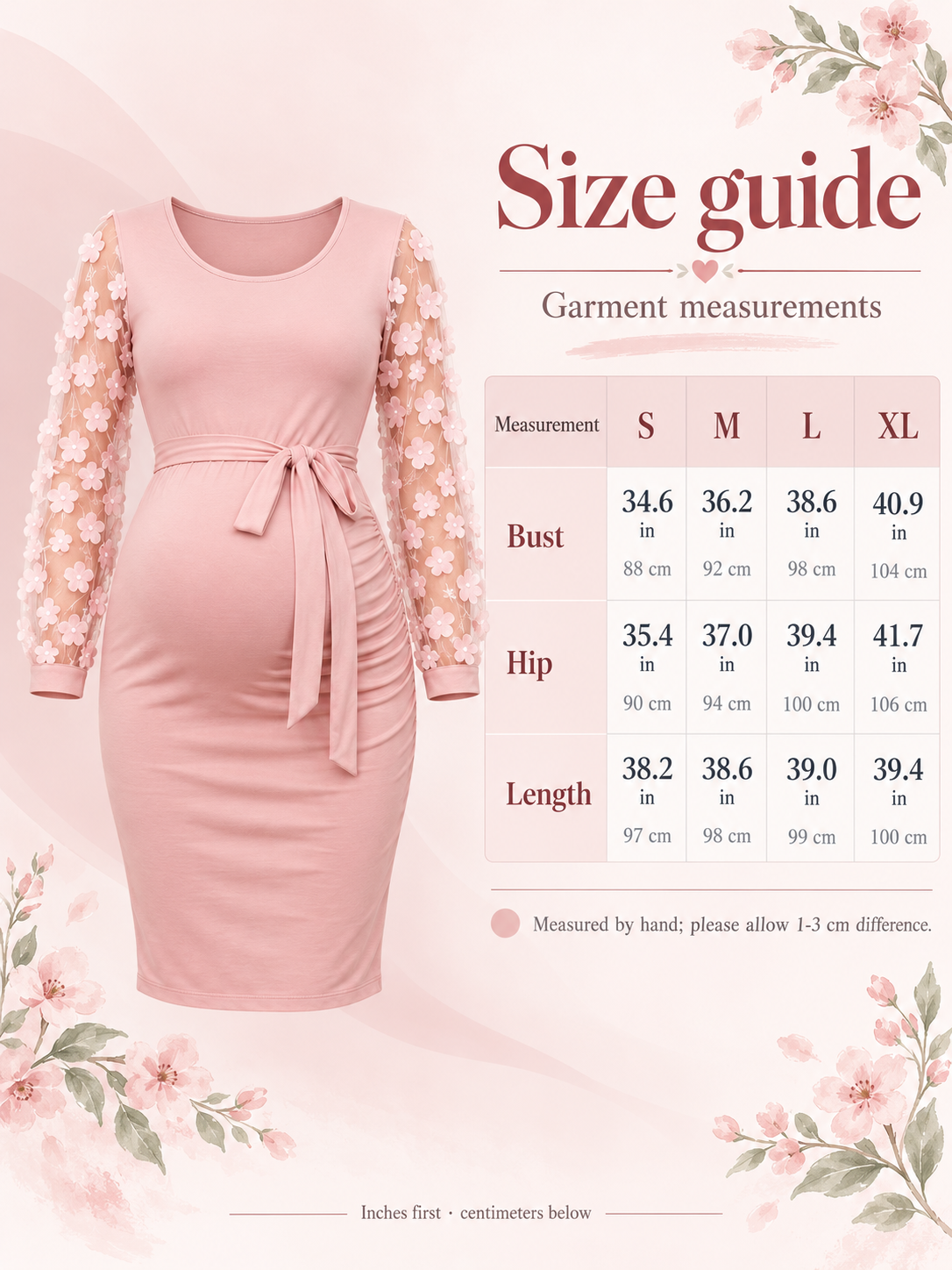 Beatrix Blush Pink maternity dress — size guide with S to XL garment measurements in inches and centimeters