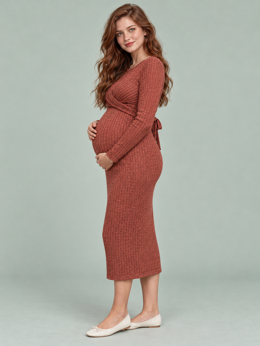 Maeve Rust Red maternity dress — side view of the fitted column silhouette